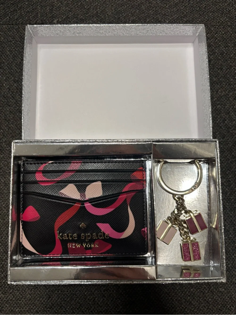kate spade Black Multi Swirl Cardholder with Lipstick Charm Keyring